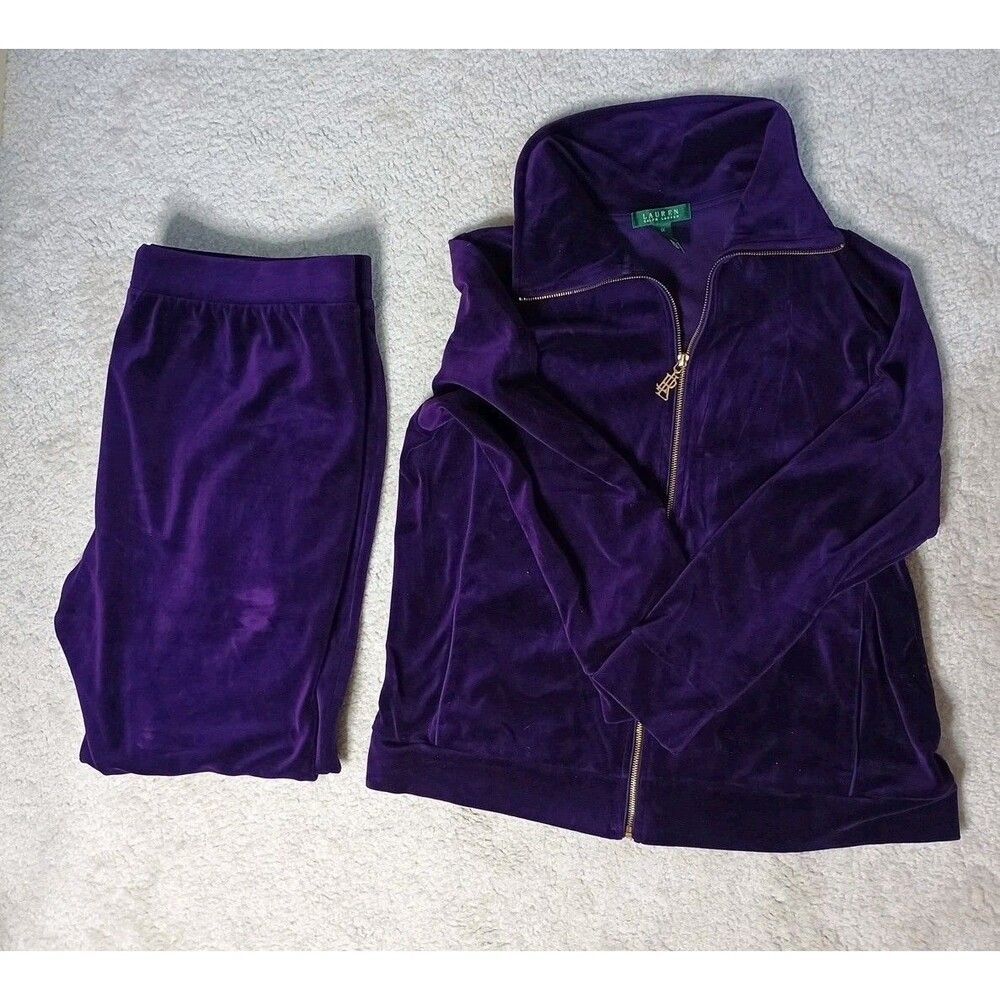 Ralph Lauren Tracksuit Jacket Pants Women’s Plus 1X/2X Purple Velour Vtg READ